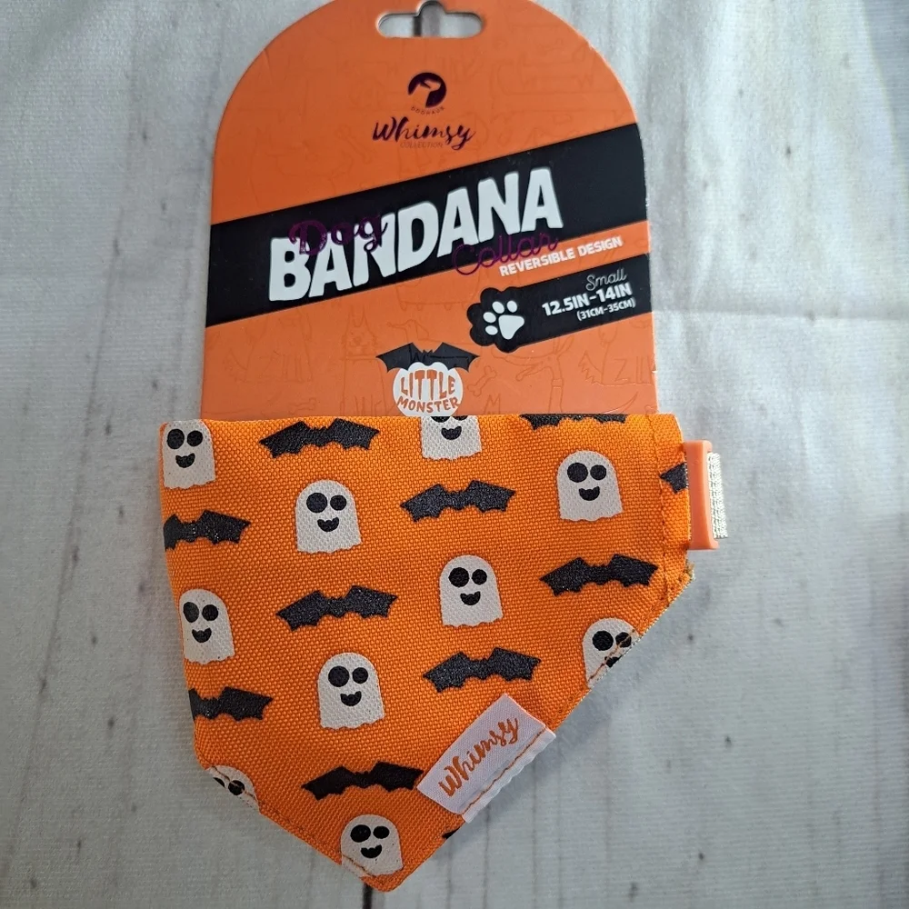 Whimsy Orange Ghost and Bat Dog Bandana Collar Size Small Reversible